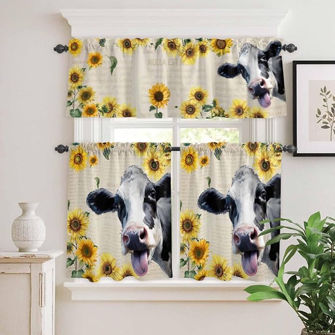Kitchen Curtains Tiers and Valance Set of 3, Cow Sunflowers Light Filtering Window Curtain Set, Country Vintage Animals Floral Leaves Rod Pocket Curtain Drapes for Cafe, Living Room, 36 Inches Tiers