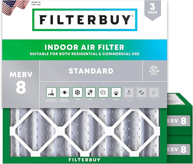 Filterbuy 25x25x4 Air Filter MERV 8 Essential Dust & Allergy Defense (3-Pack), Electrostatic Pleated HVAC AC Furnace Filters Replacement, Made in USA (Actual Size: 24.50 x 24.50 x 3.63)