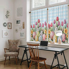 Easter Kitchen Curtains 54 Inch Long 2 Panel Set,Rod Pocket Window Curtains Panels,Spring Bunny Colorful Eggs Tulip Flowers Blue Check Light Filtering Drapery Draperies for Bathroom 52"W x 54"L