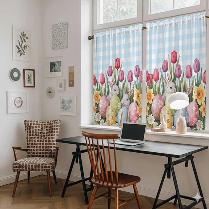 Easter Kitchen Curtains 45 Inch Long 2 Panel Set,Rod Pocket Window Treatment,Spring Bunny Colorful Eggs Tulip Flowers Blue Check Light Filtering Short Curtains & Drapes Laundry 52"W x 45"L