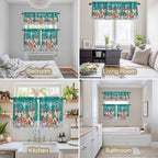 Spring Flowers Kitchen Curtains Set 3 Piece for Windows, Rod Pocket Valance and Tier Set 24 Inch Length, Farmhouse Watercolor Teal Wood Grain Light Filtering Cafe Curtains for Living Room Bathroom