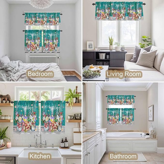 Spring Flowers Kitchen Curtains Set 3 Piece for Windows, Rod Pocket Valance and Tier Set 36 Inch Length, Farmhouse Watercolor Teal Wood Grain Light Filtering Cafe Curtains for Living Room Bathroom