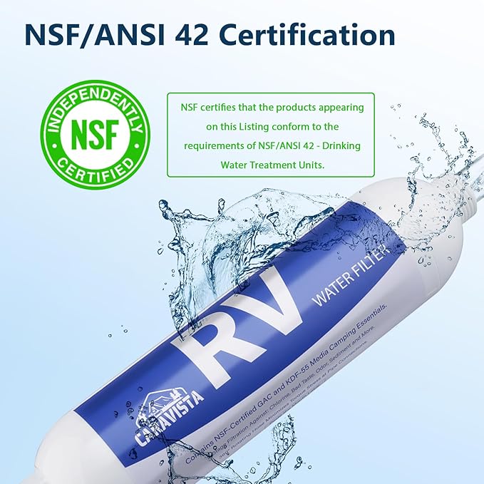 RV Water Filter - Inline Water Filter with 2 Flexible Hose Protector - NSF & ANSI 42 Certified - Camping Essentials for Reducing Odors, Bad Taste, Chlorine and Rust (4 Pack)