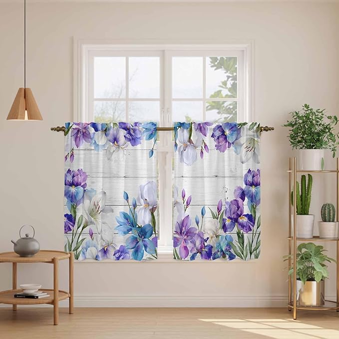 Spring Flowers Kitchen Curtains, Watercolor Garden Florals Wooden Grain Light Filtering Window Curtain Panels, 2Pcs Rod Pocket Window Treatments Set for Cabin Bathroom Bedroom 52x45 Inches
