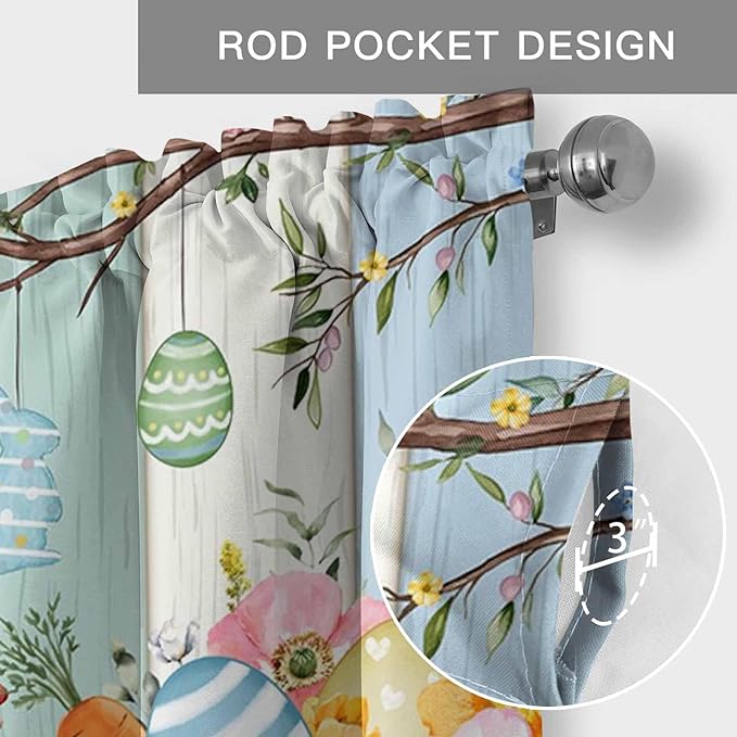 Easter Curtain Valances for Windows, Kitchen Valance Window Treatment, Spring Watercolor Bunny Eggs Wood Grain Teal Blue Light Filtering Block Curtains for Bathroom/Bedroom/Living Room 42'' x 18''