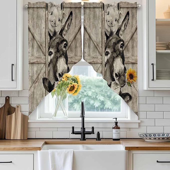 Funny Farm Animals Swag Valances for Windows, Vintage Barn Brown Sunflowers Rod Pocket Kitchen Curtains Valance, Kitchen Window Curtains Swag for Cafe Bathroom Living Room, 2 Panels, 36x45 inch
