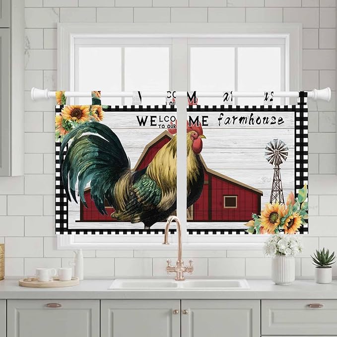 Farmhouse Rooster Kitchen Curtains 24 Inch Length, Small Window Curtains Tab Top, Rustic Red Barn Windmill Sunflowers Light Filtering Short Window Treatments Tier Drapes 27.5"x24" 2 Panel