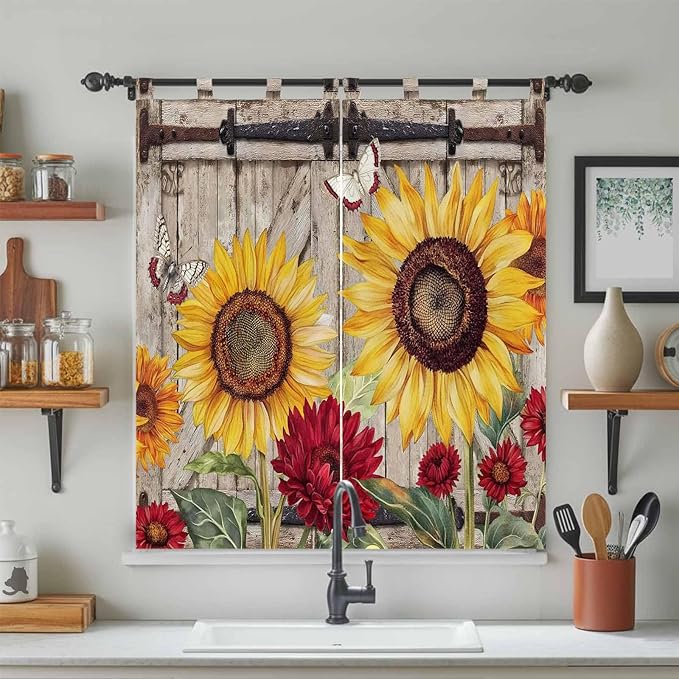 Sunflowers Bathroom Curtains 63 Inch Length, Window Curtains Tab Top, Retro Flower Barn Doors Butterfly Farmhouse Brown Light Filtering Window Treatments Drapes 52"x63" 2 Panel