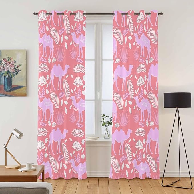 2 Panel Kitchen Cafe Curtains, Desert Camel Sunlight Filtering Nature Air Through, Window Decor Tier Curtains for Living Room 104W x 96L inch Vintage Sand Camel Leaves Flower Pattern Pink