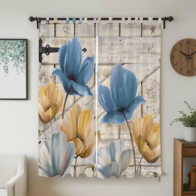 Blue Yellow Tulips Living Room Curtains 96 Inch Length, Window Curtains Tab Top, Retro Farmhouse Flower Barn Doors Wooden Light Filtering Window Treatments Drapes 52"x96" 2 Panel