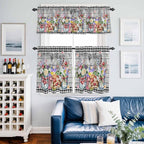 Kitchen Curtains Tiers and Valance Set of 3, Spring Flowers Light Filtering Window Curtain Set, Farmhouse Black Plaid Wood Grain Rod Pocket Curtain Drapes for Cafe, Living Room, 36 Inches Tiers