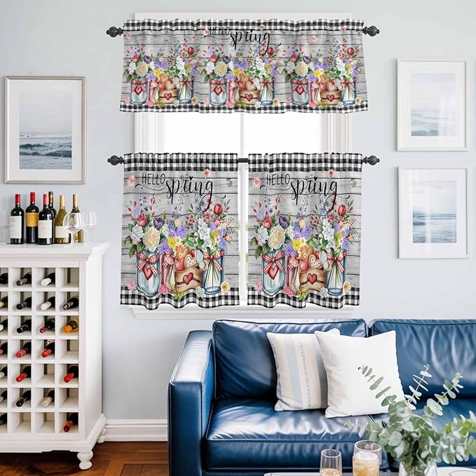 Spring Flowers Kitchen Curtains Set 3 Piece for Windows, Rod Pocket Valance and Tier Set 36 Inch Length, Farmhouse Black Plaid Wood Grain Light Filtering Cafe Curtains for Living Room Bathroom