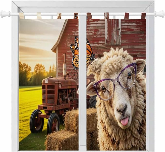 Farm Sheep Living Room Curtains 84 Inch Length, Window Curtains Tab Top, Farmhouse Barn Funny Animals Butterfly Light Filtering Window Treatments Drapes 42"x84" 2 Panel