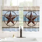 Vintage Western Star on Wood Grain Window Valance Curtains, Retro Wooden Texture Light Filtering Kitchen Valance with 3-inch Rod Pocket for Living Room Bathroom Bedroom,2 Panel,52x54In