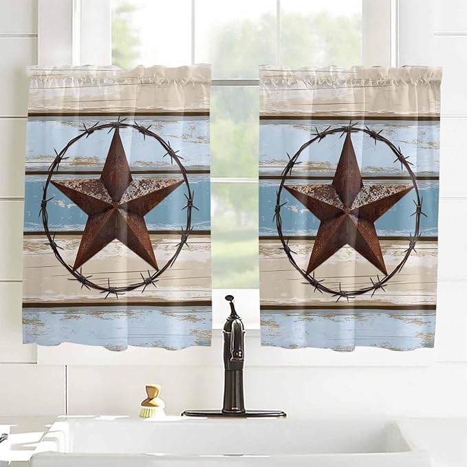 Vintage Western Star on Wood Grain Window Valance Curtains, Retro Wooden Texture Light Filtering Kitchen Valance with 3-inch Rod Pocket for Living Room Bathroom Bedroom,2 Panel,42x45In