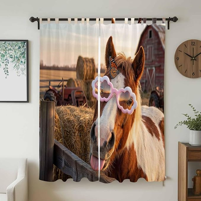 Farm Horses Living Room Curtains 84 Inch Length, Window Curtains Tab Top, Farmhouse Barn Funny Animals Butterfly Light Filtering Window Treatments Drapes 52"x84" 2 Panel