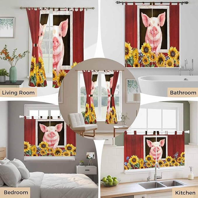 Pigs Sunflowers Living Room Curtains 96 Inch Length, Window Curtains Tab Top, Farmhouse Red Barn Flowers Animals Light Filtering Window Treatments Drapes 52"x96" 2 Panel