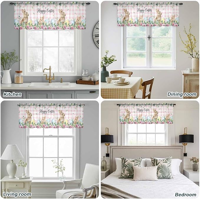 Easter Sheer Valances for Windows 60"x18", Light Filtering Kitchen Curtains Valance, Spring Watercolor Bunny Eggs Flower Leaf Pink Plaid Rod Pocket Chiffon Curtains for Living Room Bedroom Cafe