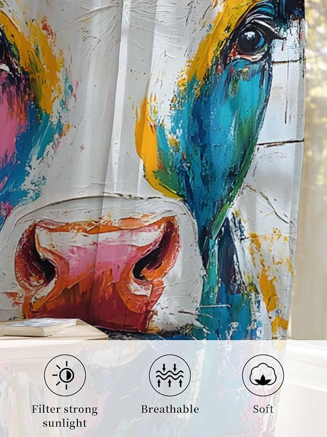 Sheer Curtains 63 Inch Length, Farmhouse Oil Painting Semi Sheer Curtains Light Filtering Window Treatment, Colorful Cow Animal Wooden Grain Privacy Voile Drapes for Living Room Bedroom 52x63 Inch