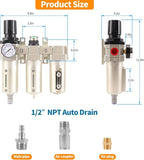 1/2" NPT Industrial Grade 3 Stage Air Compressor Drying System, 0-240 PSI, Particulate & Coalescing Filters, Auto Drain Air Compressor Water Separator System Filter Oil for Paint Spray＆ Plasma Cutter