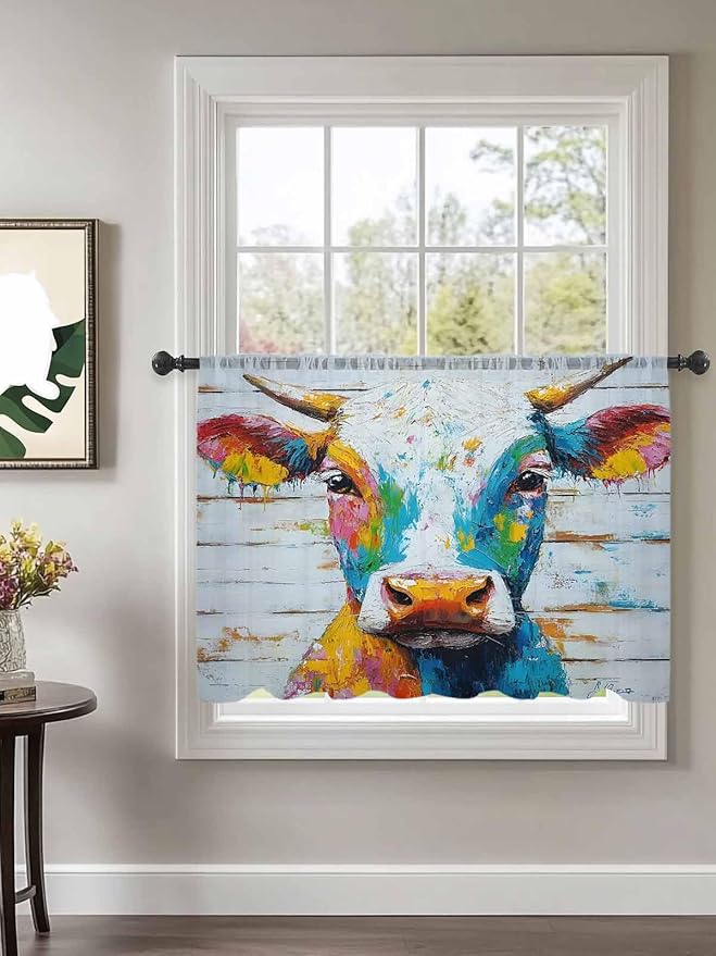 Sheer Curtains 54 Inch Length, Funny Colorful Cow Semi Sheer Curtains Light Filtering Window Treatment, Retro Rustic Oil Painting Wood Grain Privacy Voile Drapes for Living Room Bedroom 52x54 Inch