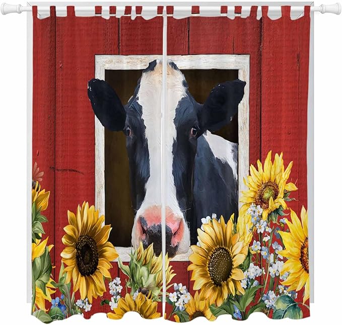 Cow Sunflowers Living Room Curtains 96 Inch Length, Window Curtains Tab Top, Botanical Floral Leaves Bees Farm Barn Light Filtering Window Treatments Drapes 52"x96" 2 Panel
