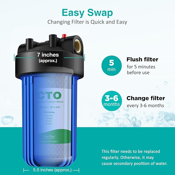 SimPure Whole House Water Filter Cartridges 5 Micron 10" x 4.5" CTO Activated Carbon Block, For DB10P, DB10C-2, GE GXWH40L, GXWH35F, BB10, FXHTC, FC15B, 2 Pack