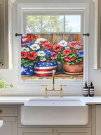 Sheer Curtains 45 Inch Length, Red Blue Flower Semi Sheer Curtains Light Filtering Window Treatment, Retro Independence Day Flag Wood Grain Privacy Voile Drapes for Living Room Bedroom 52x45 Inch