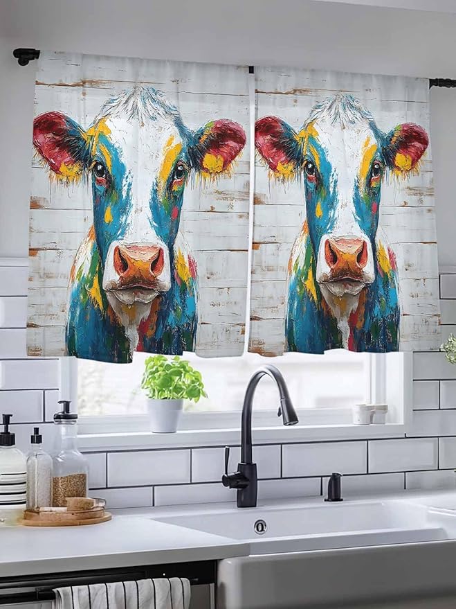 Sheer Curtains 54 Inch Length, Rustic Cow Semi Sheer Curtains Light Filtering Window Treatment, Vintage Colorful Animals Art Wooden Grain Privacy Voile Drapes for Living Room Bedroom 52x54 Inch