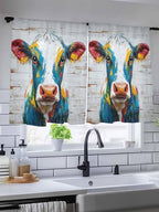 Sheer Curtains 54 Inch Length, Rustic Cow Semi Sheer Curtains Light Filtering Window Treatment, Vintage Colorful Animals Art Wooden Grain Privacy Voile Drapes for Living Room Bedroom 52x54 Inch