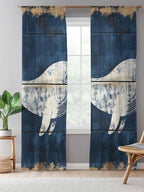 Sheer Curtains 108 Inches Long, Ocean Whale Blue Semi Sheer Curtains Light Filtering Window Treatment, Summer Sea Vintage Wooden Grain Privacy Voile Drapes for Living Room Bedroom 52x108 Inch
