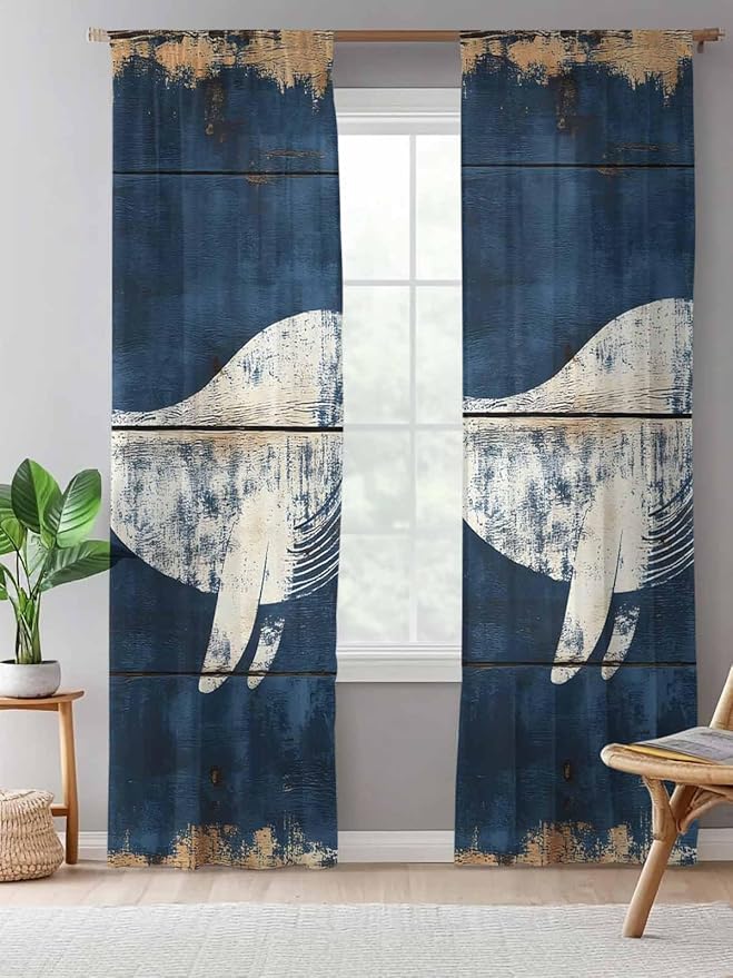 Sheer Curtains 96 Inches Long, Ocean Whale Blue Semi Sheer Curtains Light Filtering Window Treatment, Summer Sea Vintage Wooden Grain Privacy Voile Drapes for Living Room Bedroom 52x96 Inch
