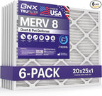 BNX TruFilter 20x25x1 Air Filter MERV 8 (6-Pack) - MADE IN USA – Dust & Pet Defense Electrostatic Pleated Air Conditioner HVAC AC Furnace Filters for Dust, Pet, Mold, Pollen MPR 600 – 700 & FPR 5