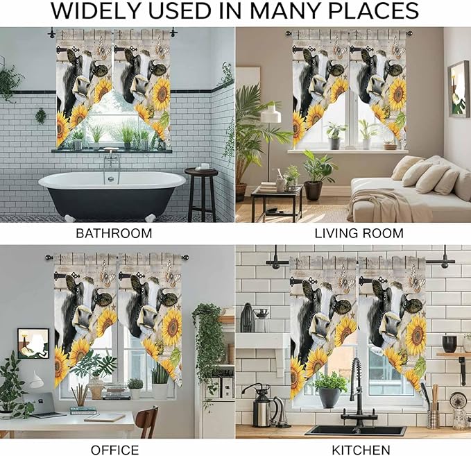Yellow Sunflowers Swag Valances for Windows, Farmhouse Cow Barn Doors Floral Butterfly Rod Pocket Kitchen Curtains Valance, Kitchen Window Curtains Swag for Cafe Living Room, 2 Panels, 36x45 inch