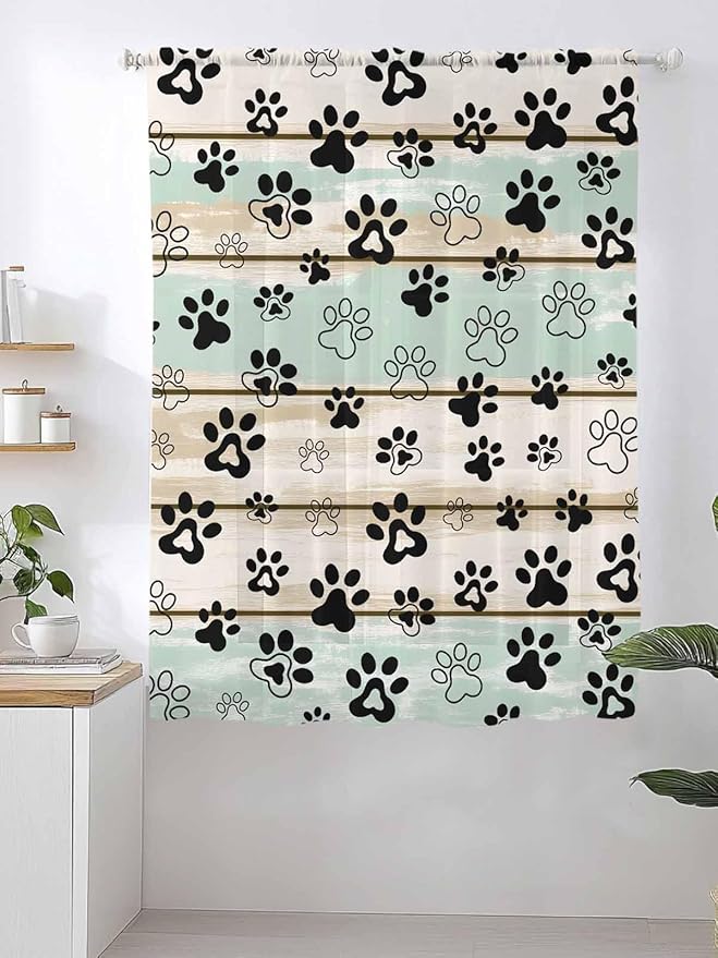 Sheer Curtains 72 Inches Long, Sage Green Beige Farmhouse Semi Sheer Curtains Light Filtering Window Treatment, Black Dog Paw Vintage Wooden Privacy Voile Drapes for Living Room Bedroom 52x72 Inch