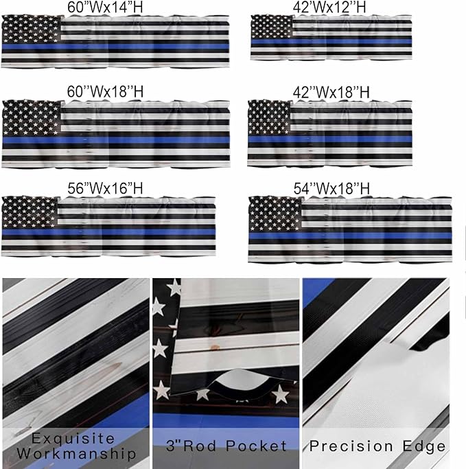 American Flag Valances for Windows, Blue Line Star Black White Stripes Wood Grain Kitchen Valance Light Filtering Rod Pocket Short Curtains for Kitchen Bathroom, 1 Panel, 56"x16"