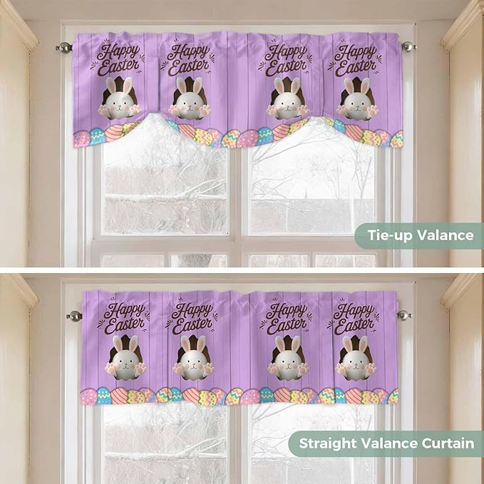Purple Easter Tie Up Valance Curtains for Windows, Kitchen Curtains Window Shades, Spring Cartoon Bunny Colorful Eggs Wood Grain Light Filtering Curtain Valances for Bedroom/Bathroom/Cafe 42"x18"