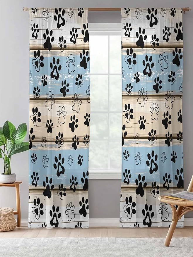 Sheer Curtains 108 Inches Long, Blue Beige Paw Print Semi Sheer Curtains Light Filtering Window Treatment, Vintage Farmhouse Rustic Wooden Grain Privacy Voile Drapes for Living Room 52x108 Inch