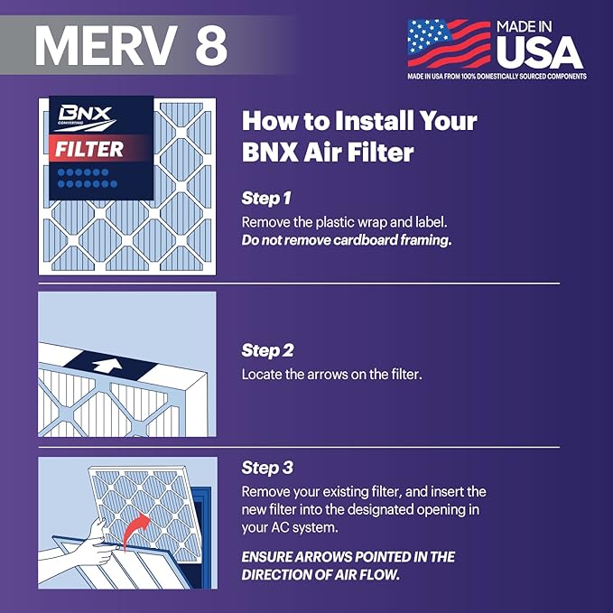 BNX TruFilter 14x25x1 Air Filter MERV 8 (6 Pack) - MADE IN USA – Dust & Pet Defense Electrostatic Pleated Air Conditioner HVAC AC Furnace Filters for Dust, Pet, Mold, Pollen MPR 600 – 700 & FPR 5