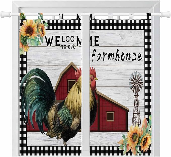 Farmhouse Rooster Bedroom Curtains 72 Inch Length, Window Curtains Tab Top, Rustic Red Barn Windmill Sunflowers Light Filtering Window Treatments Drapes 52"x72" 2 Panel