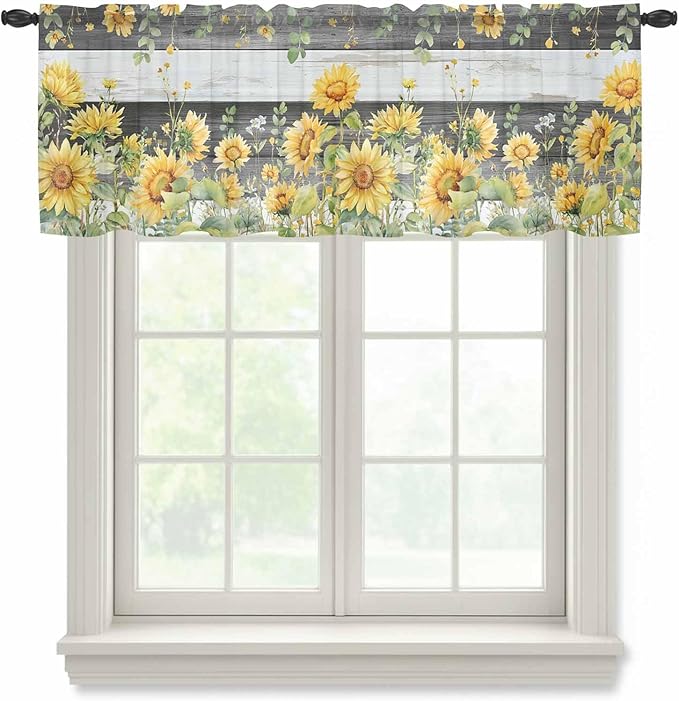 Summer Floral Sheer Valance Curtains, Watercolor Sunflower Eucalyptus Leaves Black Wood Grain Light Filtering Kitchen Valances Rod Pocket Voile Curtain for Bedroom/Living Room/Basement 42Wx12L