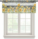 Summer Floral Sheer Valance Curtains, Watercolor Sunflower Eucalyptus Leaves Black Wood Grain Light Filtering Kitchen Valances Rod Pocket Voile Curtain for Bedroom/Living Room/Basement 54Wx18L