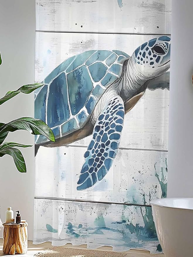 Sheer Curtains 84 Inches Long, Teal Green Sea Turtle Semi Sheer Curtains Light Filtering Window Treatment, Summer Ocean Vintage Wood Grain Privacy Voile Drapes for Living Room Bedroom 52x84 Inch
