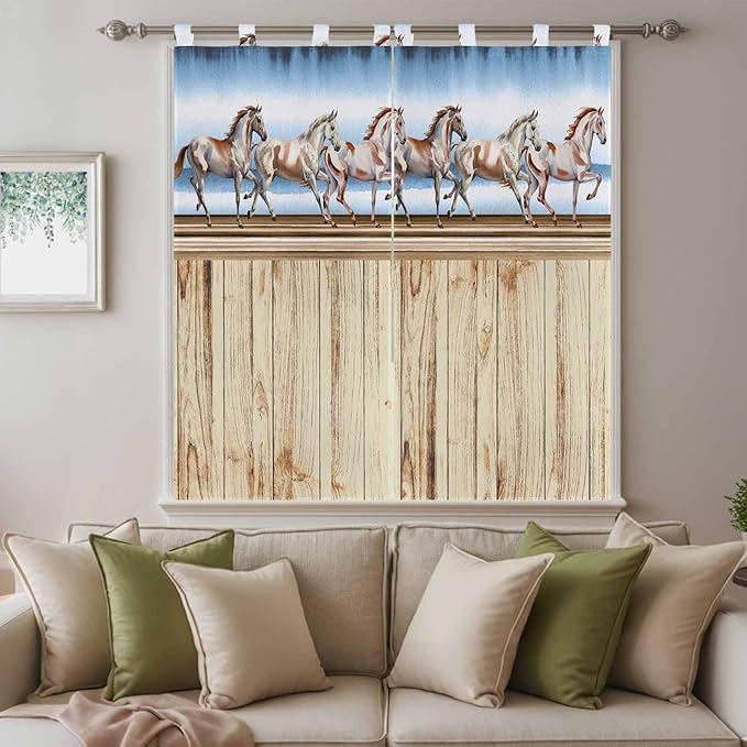 Western Horse Living Room Curtains 84 Inch Length, Window Curtains Tab Top, Farmhouse Wooden Grain Vintage Cowboy Barn Door Light Filtering Window Treatments Drapes 42"x84" 2 Panel