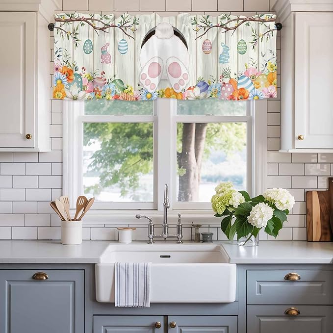 Easter Curtain Valances for Windows, Kitchen Valance Window Treatment, Spring Farmhouse Watercolor Bunny Eggs Wood Grain Light Filtering Block Curtains for Bathroom/Bedroom/Living Room 42'' x 18''