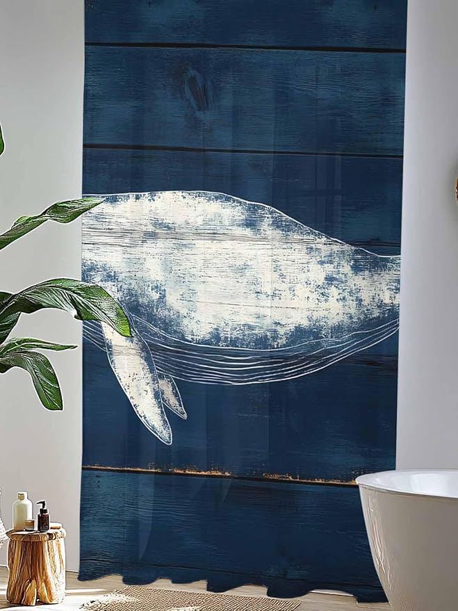 Sheer Curtains 96 Inches Long, Summer Whale Semi Sheer Curtains Light Filtering Window Treatment, Ocean Watercolor Wooden Grain Blue Privacy Voile Drapes for Living Room Bedroom 52x96 Inch