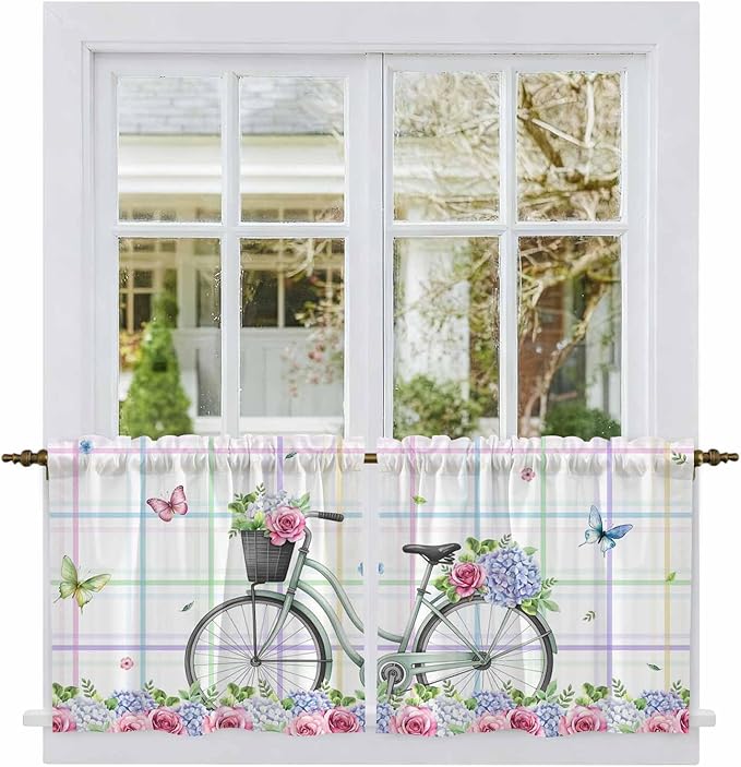 Spring Tier Curtains, Bicycles Botanical Leaves Rose Colorful Stripes Light Filtering Kitchen Curtains, 2Pcs Rod Pocket Half Window Treatments Panels for Sink Cafe Cabinet Camper 27.5x36 Inches