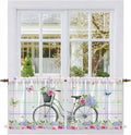 Spring Tier Curtains, Bicycles Botanical Leaves Rose Colorful Stripes Light Filtering Kitchen Curtains, 2Pcs Rod Pocket Half Window Treatments Panels for Sink Cafe Cabinet Camper 27.5x24 Inches