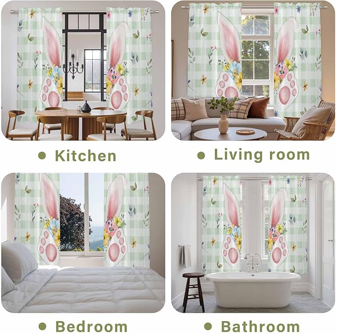 Easter Window Curtains 72 Inch Long 2 Panel Set, Rod Pocket Long Curtains & Drapes, Spring Bunny Ears Feet Flowers Green Plaid Light Filtering Window Treatment for Bedroom Living Room 52"W x 72"L