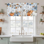 Fall Blue Maple Kitchen Tier Curtains 24 Inch Long 2 Panel Set,Rod Pocket Cafe Small Window Curtains Over Sink,Thanksgiving Pumpkins Daisy Country Leaves Short Drapes for Bathroom 27.5"W x 24"L